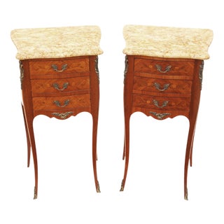 Antique Marquetry Bedside Tables with Marble Tops, 1940s, Set of 2 For Sale