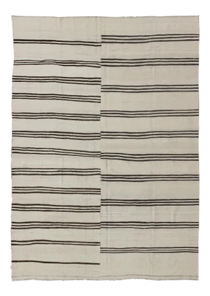Large Two Paneled Vintage Turkish Striped Kilim Rug in Cream, Black and Brown