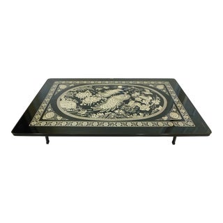 Vintage Mid Century Chinese Black & White Peacock Low Folding Coffee or Card Table For Sale