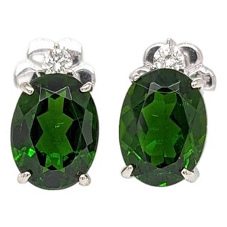 2.6ct Chrome Diopside Earrings With Natural Diamonds: Solid 14k Gold, Oval, A Pair For Sale
