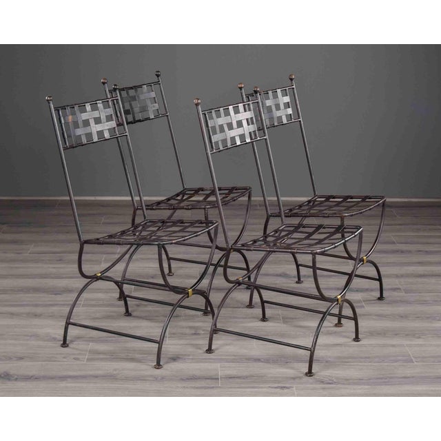 Set of Four French Iron Curule Side Chairs With Woven Strap Seats For Sale - Image 12 of 12