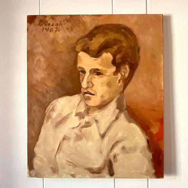 1960s Vintage Expressionist Italian Signed Original Oil Portrait Painting 1962 For Sale - Image 5 of 9