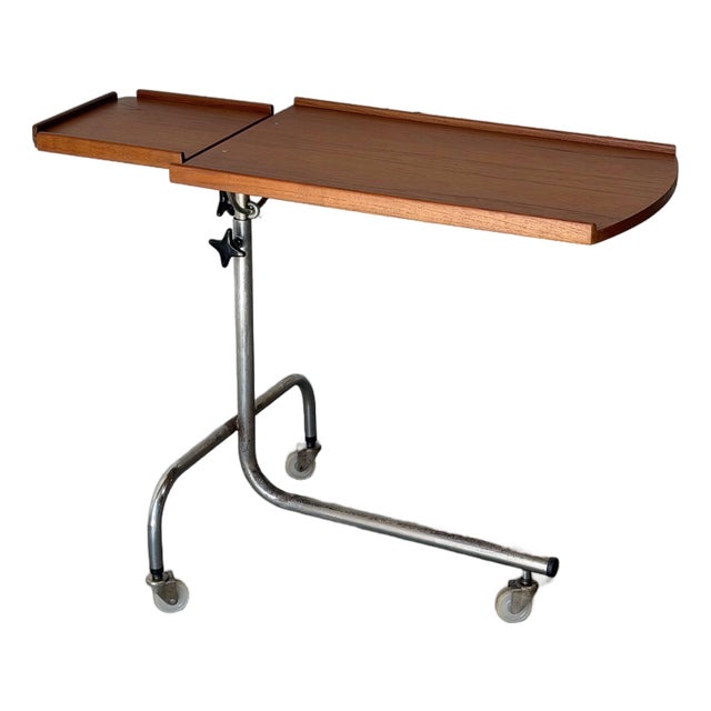 Teak Rolling Side Table With Adjustable Height Chrome Base Vintage Mid-Century Modern 1960s For Sale