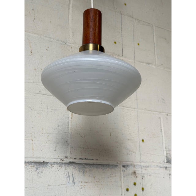 White 1960s Mid-Century Modern Teak and Opaline Glass Pendant Light Scandinavian Ceiling Lamp For Sale - Image 8 of 9