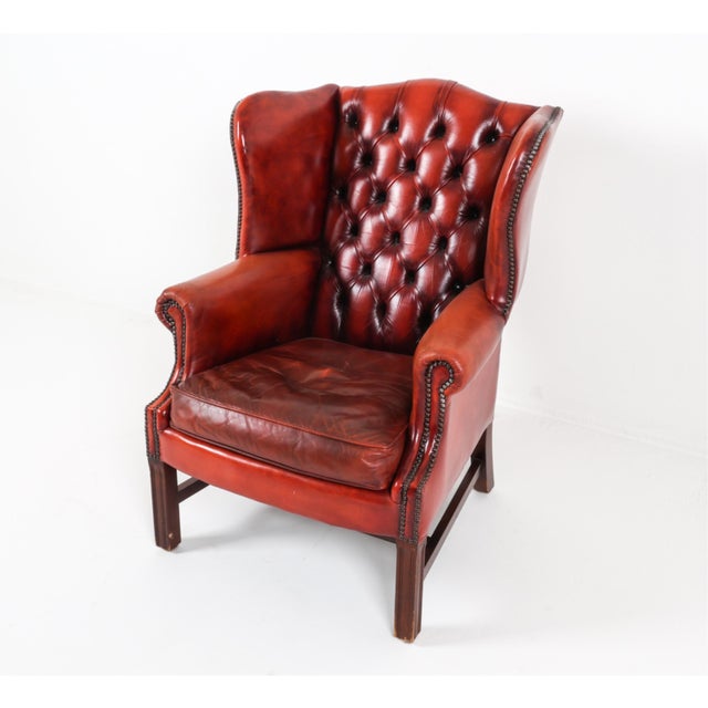 1970s Scandinavian Mid Century Chippendale-Style Cognac Leather Wingback Chair For Sale - Image 4 of 10
