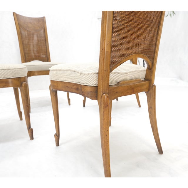 Mid 20th Century Set 4 Burl Wood Cane Back NEW Upholstery Dining Chairs Mid Century Modern MINT! For Sale - Image 5 of 15