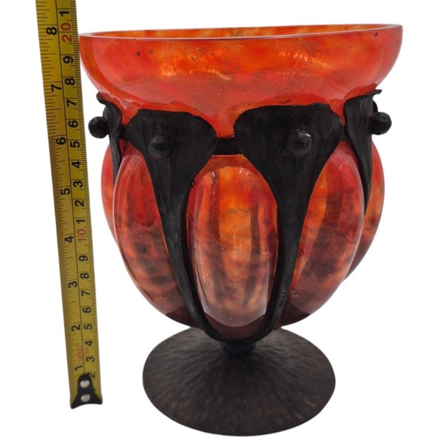 1920s Art Deco Charles Schneider Mottled Art Glass Compote in Wrought Iron Mount - 8" For Sale - Image 9 of 10