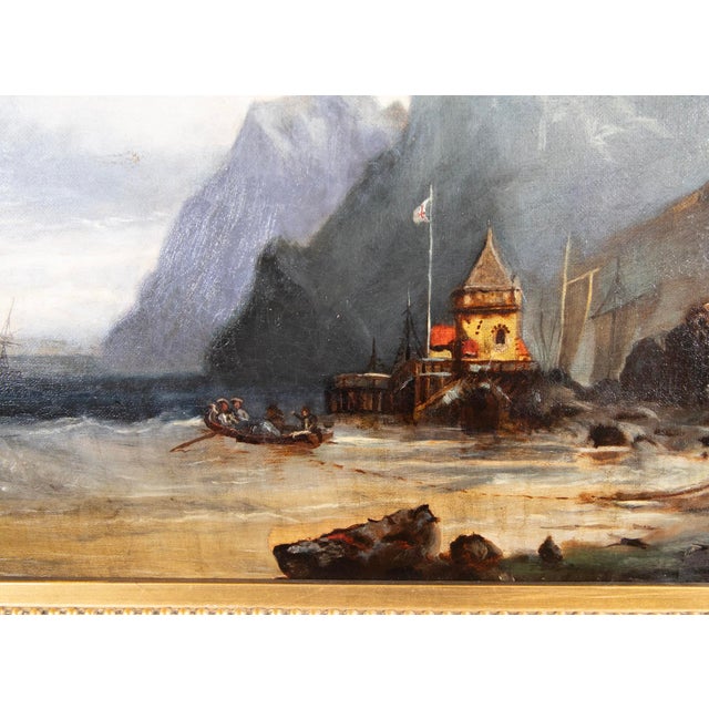Textile 19th Cen Norway Coastal Landscape Oil Painting in 1883 Gold Leaf Frame 19" X 26" For Sale - Image 7 of 8