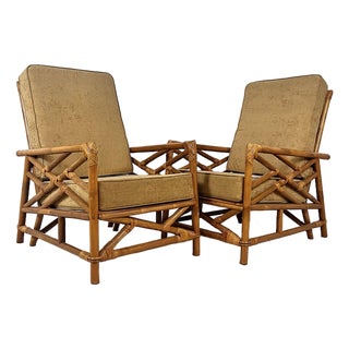 Vintage Rattan Chinese Chippendale Lounge Chairs- A Pair For Sale
