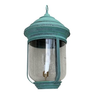 Vintage Solid Brass Bell Lantern With Verdigris Patina – Two-Lights Pendant For Sale