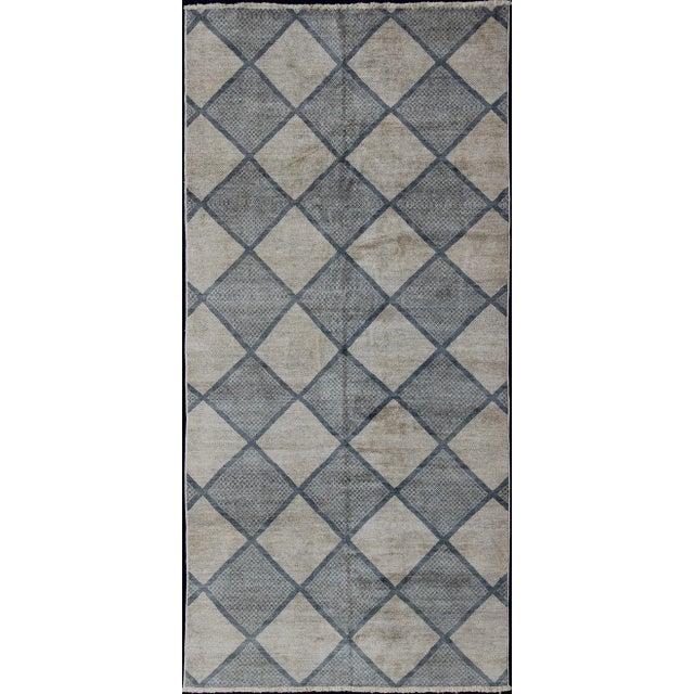 Large Gallery Rug in Modern Diamond Design in Blue-Green and Cream For Sale - Image 13 of 13