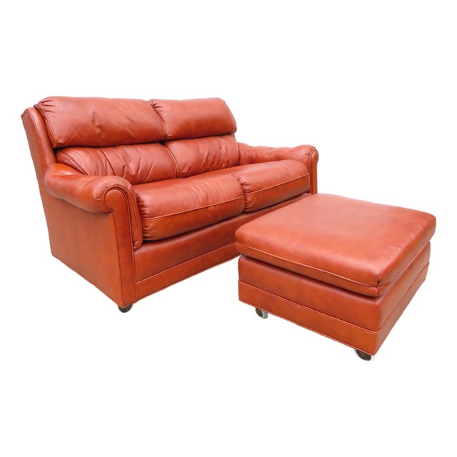 Vintage Genuine Leather 2 Seater Sofa Loveseat W/ Footstool Ottoman Bench ~ MCM For Sale