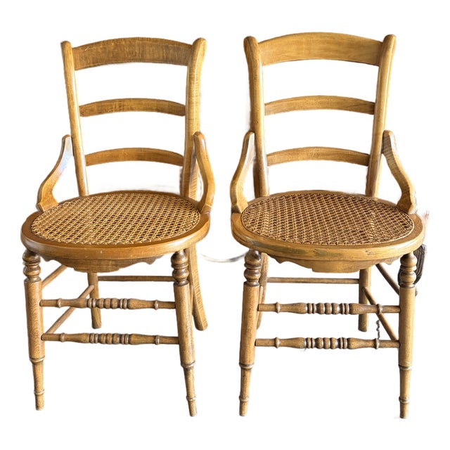Antique Victorian Eastlake Style Ladderback Cane Occasional Chairs - Pair For Sale
