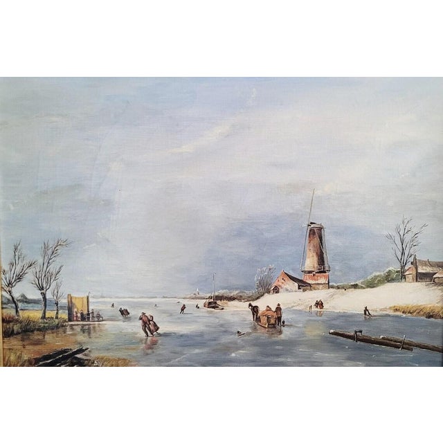 Step into the poetry of a Dutch winter with this large Dutch winter landscape painting, a beautifully atmospheric...