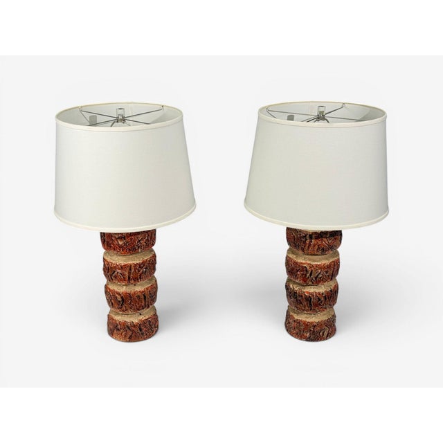 1970s Bernard Rooke, Brutalist Table Lamps, Beige Textured Ceramic, England - a Pair For Sale - Image 4 of 9