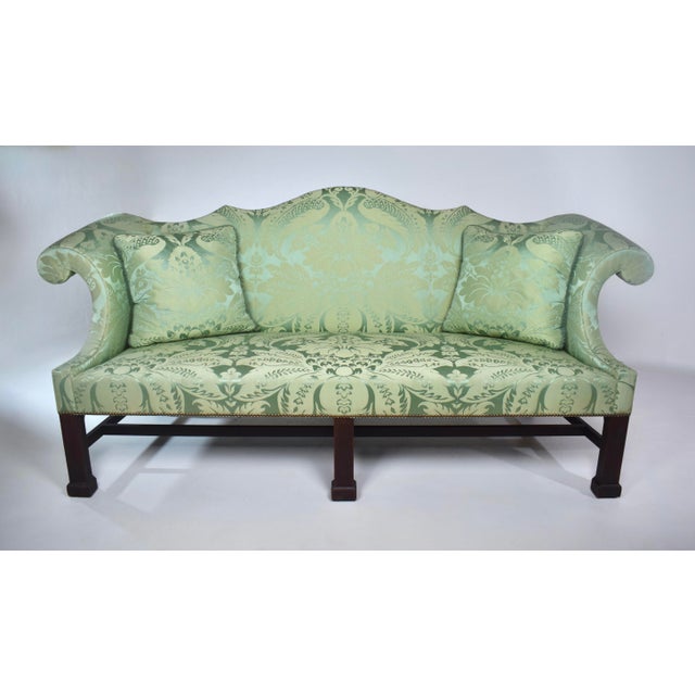 Custom George III Mahogany Camel Back Sofa With Damask Silk Upholstery For Sale - Image 16 of 16