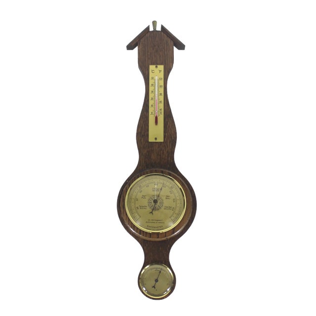 Vintage French Wall Barometer, Made of Wood, Brass and Glass, France For Sale