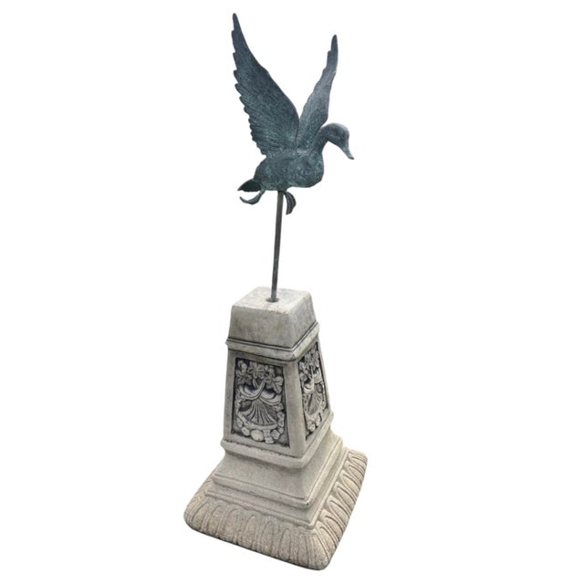 Bronze-Finished Cast Iron Flying Duck Statue on Cast Stone Pedestal For Sale In West Palm - Image 6 of 12