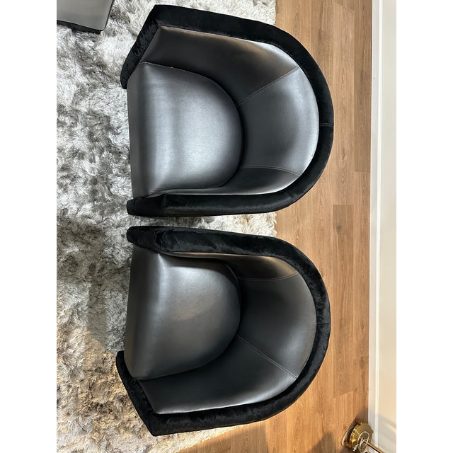 Mid-Century Modern Mid 20th Century Mid-Century Modern Pair of Black Velvet and Vinyl Club Chairs For Sale - Image 3 of 7