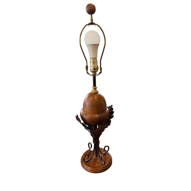 Pair of Vintage 1990s Acorn Table Lamps With Wrought Iron Oak Leaves – Quality Wood & Metal For Sale - Image 6 of 14
