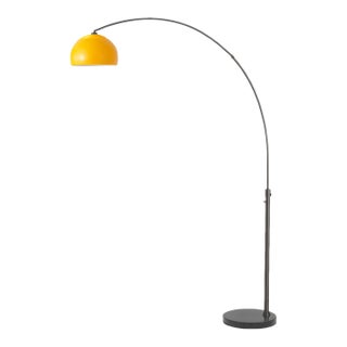 Adjustable Morelli Half Dome Floor Lamp, 1960s - Mid Century Modern Arc Lamp, Black Nickel, Mustard Shade, Marble Base For Sale