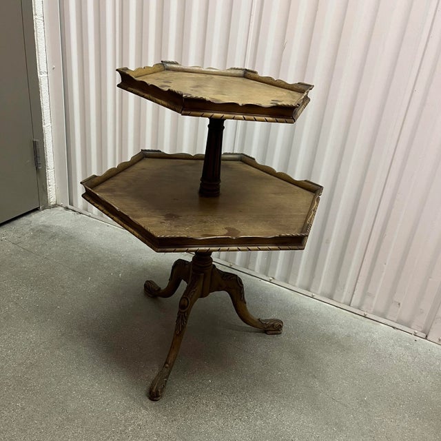 Traditional Mid 20th Century Tiered Hexagonal Pie Crust Rim, Claw Legged Dumbwaiter Table For Sale - Image 3 of 5