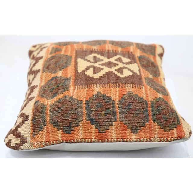 Tribal Arteverk Handwoven Afghan Kilim Lumbar Pillow — Orange & Brown Diamond Medallion For Sale - Image 3 of 3