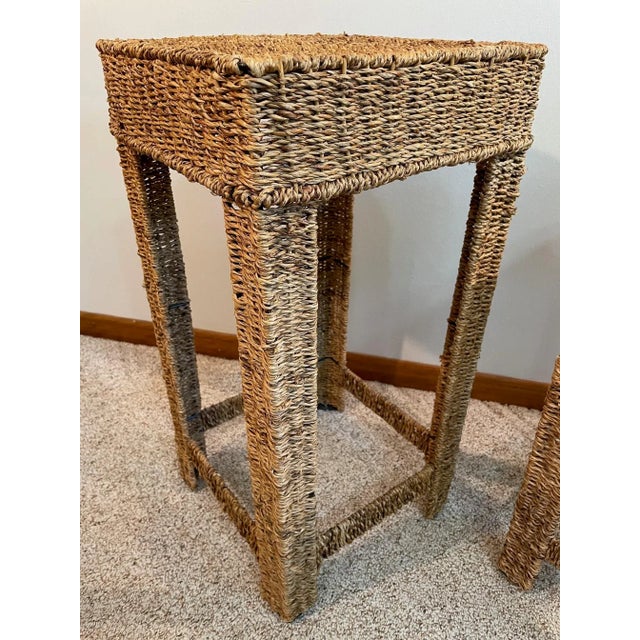 Vintage Woven Wicker Seagrass Plant Stands / Stools - a Pair For Sale - Image 10 of 12