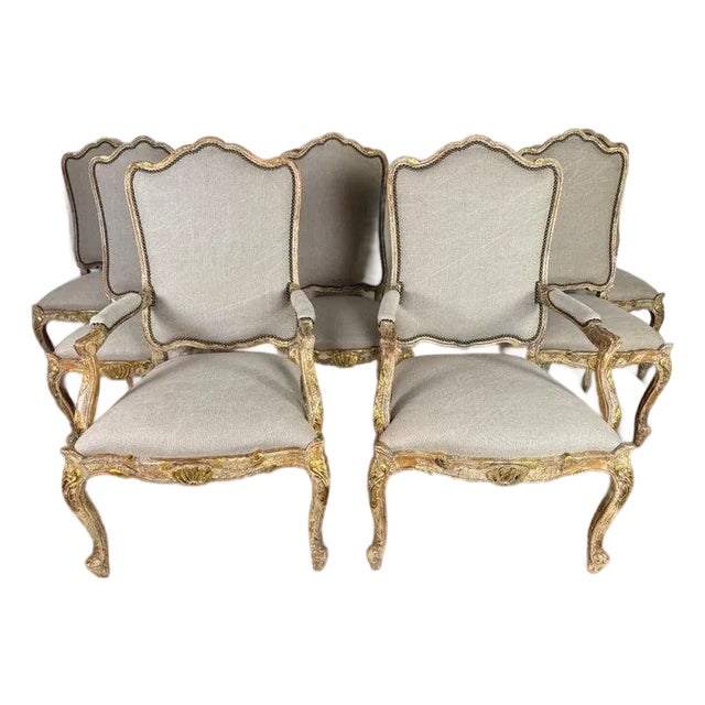 Set of Eight 18th-Century Style French Louis XV Carved & Giltwood Dining Chairs For Sale