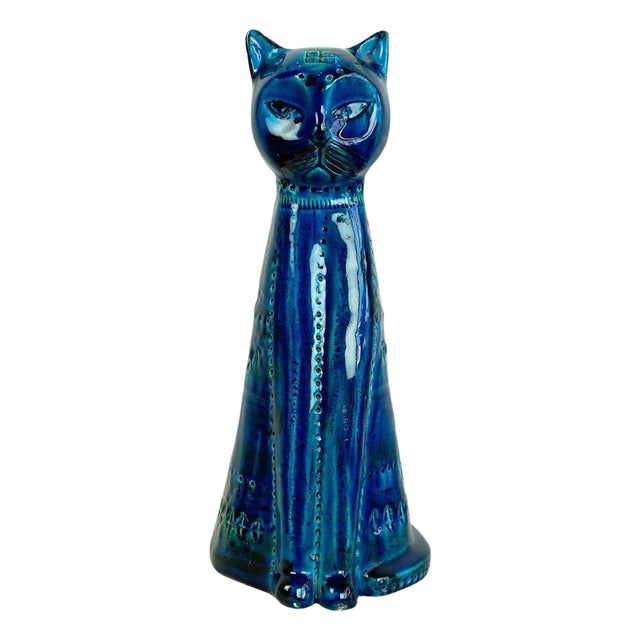 Mid-Century Italian Rimini Blu Ceramic Cat attributed to Aldo Londi for Bitossi, 1960s For Sale