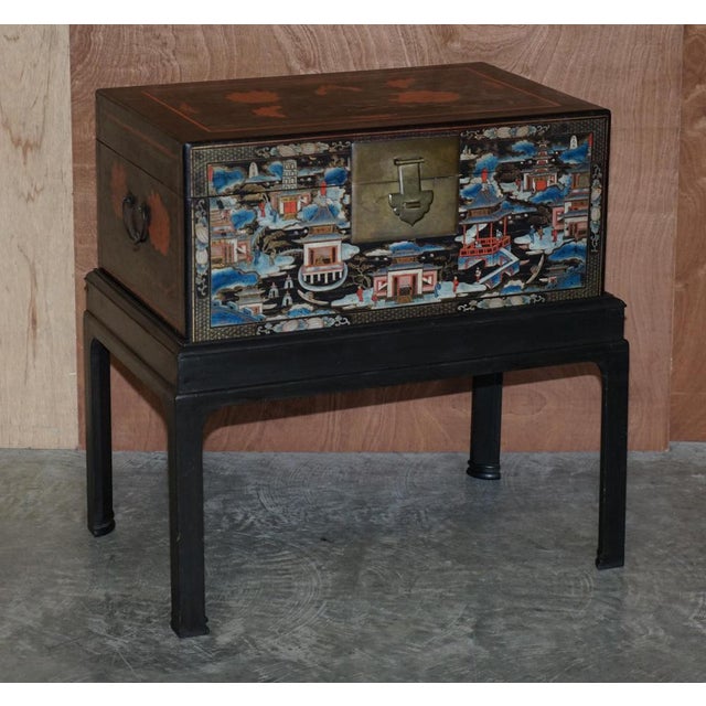We are delighted to offer this lovely pair of original hand painted vintage Chinese trunks on stands which can be used as...