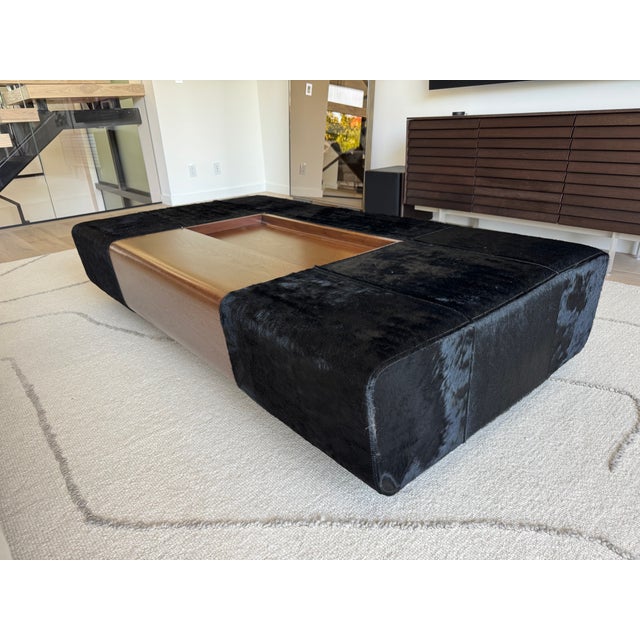 2020s Custom Holly Hunt “Oasis” Cocktail Ottoman in Walnut & Black Hair on Hide Leather For Sale - Image 5 of 11