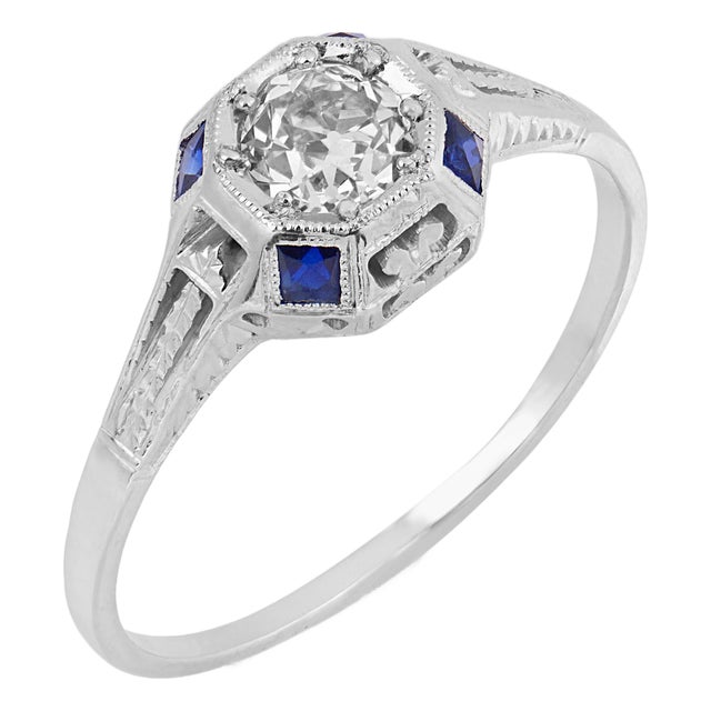 1930s Art Deco Gia Diamond Sapphire 18k White Gold Engagement Ring, Size 10.25 For Sale