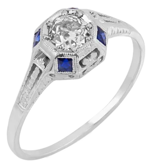 1930s Art Deco Gia Diamond Sapphire 18k White Gold Engagement Ring, Size 10.25