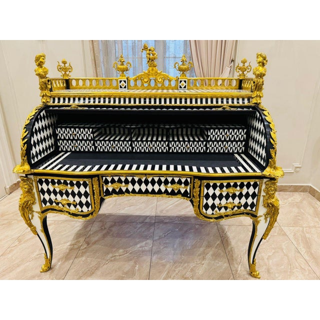 Metal Unique Louis XV Style Harlequin Roll-Top Secretary Gilded French Baroque Writing Desk For Sale - Image 7 of 9