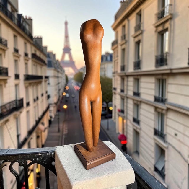Copper Vintage Hand-Carved Modernist Nude Female Wood Sculpture, 32”h For Sale - Image 8 of 12