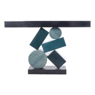 Equilibre Console in Blue and Black Tinded Marquetry by Aymeric Lefort For Sale