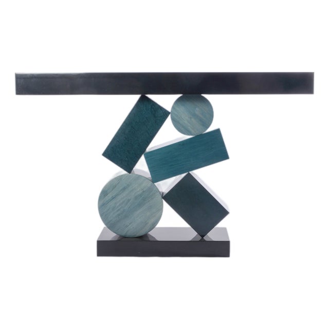 Equilibre Console in Blue and Black Tinded Marquetry by Aymeric Lefort For Sale