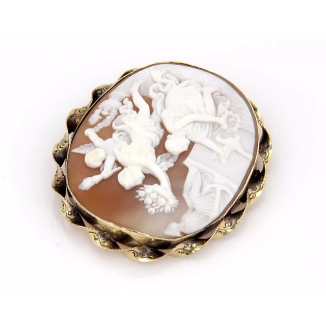 Contemporary Shell Cameo Carved Greek Multi Figures 14k Yellow Gold Large Brooch For Sale - Image 3 of 5