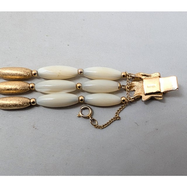 White Vintage Signed Napier Goldtone Mother-of-Pearl Beaded Bracelet For Sale - Image 8 of 9