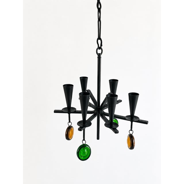 Metal Wrought Iron 4-Arm Candle Chandelier with Green and Amber Glass Pendants by Gunnar Ander for Ystad-Metall, Sweden, 1960s For Sale - Image 7 of 10