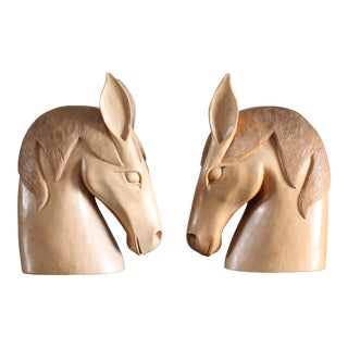 Vintage Oversize Carved Wood Horse Head Bookend Accents - a Pair For Sale