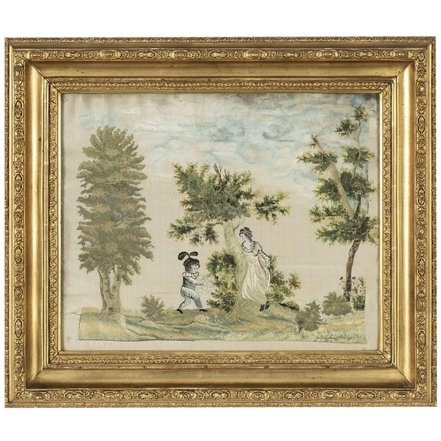 19th Century Swedish Silk Artwork with Child Berry Picking For Sale