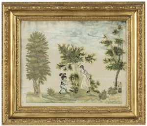 19th Century Swedish Silk Artwork with Child Berry Picking