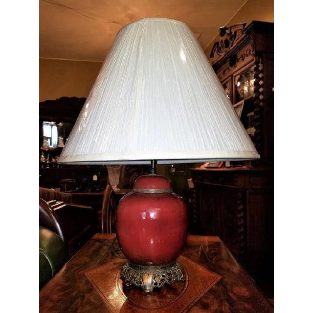 Early 20th Century American Dedham Style Pottery Sang De Boeuf & Gilt Bronze Table Lamp For Sale - Image 5 of 13
