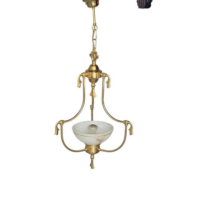 1920s Antique Victorian Brass Pendant Light with Opaline Glass Dome and Gold Tassels, England, 1920 For Sale - Image 5 of 7