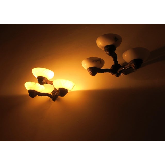 Antique Bronze and Alabaster 3-Arm Wall Lights 1910s, Set of 2 For Sale - Image 9 of 10
