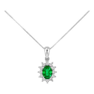 Late 20th Century 14K White Gold Oval Emerald Diamond Drop Pendant Necklace Estate For Sale