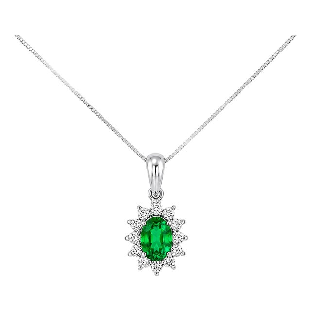 Late 20th Century 14K White Gold Oval Emerald Diamond Drop Pendant Necklace Estate For Sale