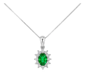 Late 20th Century 14K White Gold Oval Emerald Diamond Drop Pendant Necklace Estate